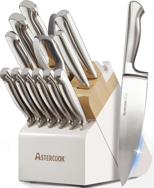 Astercook Knife Set for Kitchen with Block Sharpener 14Pcs Dishwasher Safe | Full Tang Stainless Steel Knives and Anti-Slip Ergonomic Handle Utensils Set by Astercook