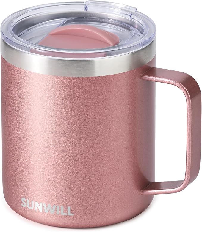 SUNWILL Travel Coffee Mug with Lid, Insulated Tumbler with Handle, 14 oz Stainless Steel Cup for Ice, Water, Tea, Rose Gold by SUNWILL