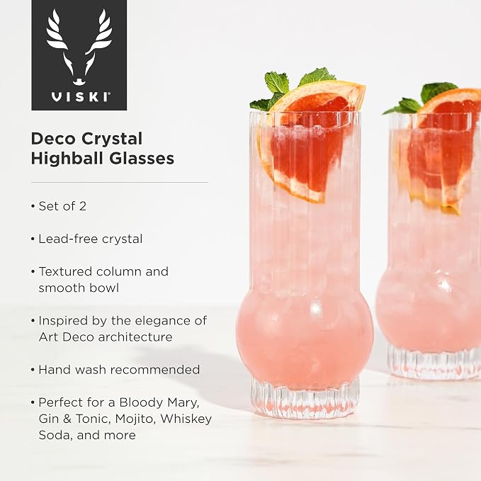 Viski Deco Crystal Island Highball Glasses Set of 2 - Premium Crystal Mojito and Gin and Tonic Glasses, Highball Cocktail Glassware Gift Set, 13 oz - Image 2