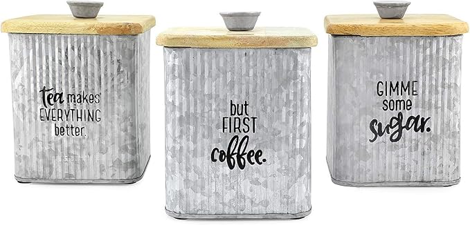 AuldHome Design Farmhouse Galvanized Canisters (Set of 3); Storage Containers for Coffee, Tea and Sugar in Galvanized Iron and Wood Design by AuldHomeDesign