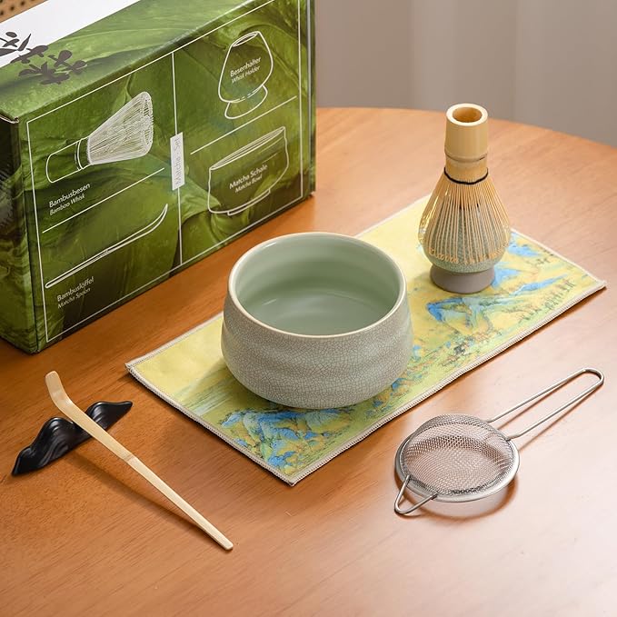Japanese Matcha Ceremony Accessory, Matcha Whisk, Traditional Scoop (Chashaku), Tea Spoon, Whisk Holder, 1 tea bowl, 1 tea siev, The Perfect Set to Prepare a Traditional Cup of Matcha.