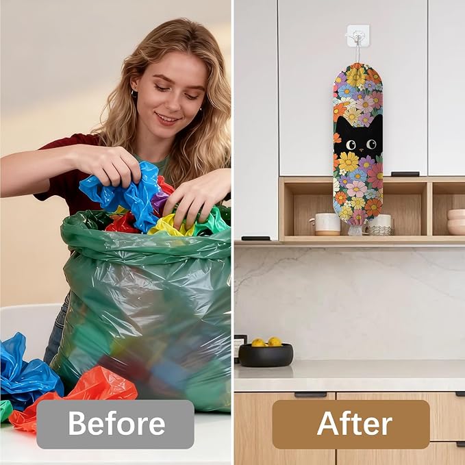 Floral Cat Plastic Bag Holder Dispenser, Plastic Grocery Bag Organizer & Wall Mount Paper Trash Bags Saver Storage for Kitchen Home Pantry Decor, Cat Kitchen Decor Shopping Bags Storage Dispenser - Image 6