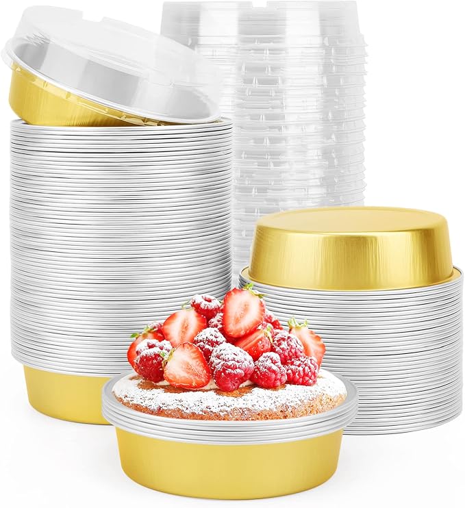 Beasea Disposable Pie Tins 4 Inch, 100 Pack Mini Tart Pans with Lids, 8 Oz Golden Aluminum Pie Pan Tin Tart Pans Round Oven Baking Mini Cake Pan for Pie Tart Quiche by Beasea