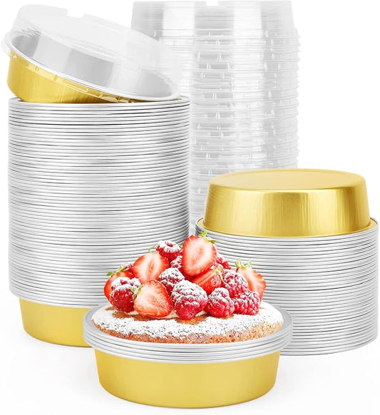 Beasea Disposable Pie Tins 4 Inch, 100 Pack Mini Tart Pans with Lids, 8 Oz Golden Aluminum Pie Pan Tin Tart Pans Round Oven Baking Mini Cake Pan for Pie Tart Quiche by Beasea