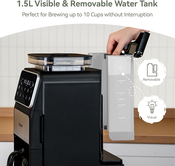 Gevi 10-Cup Grind & Brew Drip Coffee Maker with Built-In Burr Grinder | 24-Hour Programmable Timer, Touch Screen Control, 4-Hour Warm Plate, Permanent Filter with Original Glass Coffee Carafe - Image 4