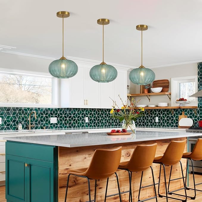 KCO Lighting Green Glass Chandelier Vintage Gold Pendant Light Large Green Ribbed Ceiling Light Antique Brass Hanging Light Mid Century Modern Pendant Lights Kitchen Island - Image 7