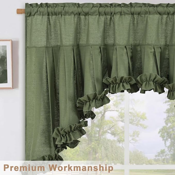 Likiyol Linen Valances for Windows Farmhouse Ruffle Swag Valance Rustic Country Window Valances Light Filtering Kitchen Curtains Rod Pocket Valance Curtains for Bathroom Cafe, Green, 60" W x 36" L - Image 7