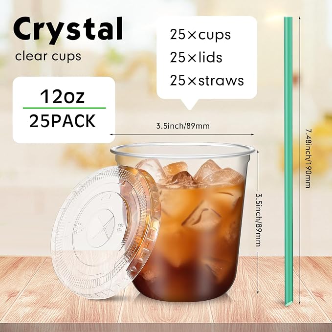 Baderke 25 Set Plastic Cups with Lids and Straws, Disposable Plastic Iced Coffee Cup for Cold Beverage Juice Smoothie Crystal for Coffee Shops Party Catering(Clear,12 oz) - Image 3