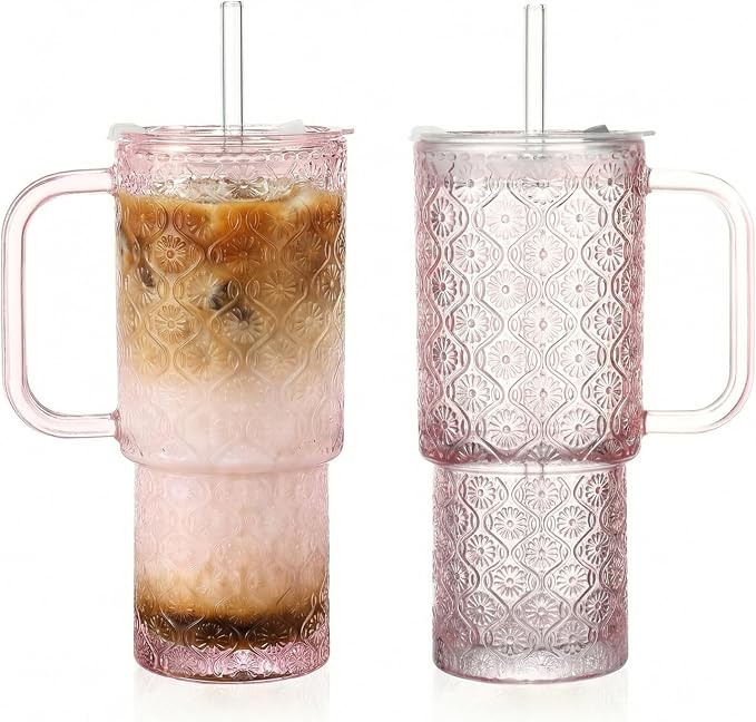 20 oz Pink Glass Tumbler with Lid and Straw, Glass Iced Coffee Cups, Spill-proof Glasses Tumbler with Handle, Hobnail Glasses Drinking Set of 2, Vintage Glassware for Cocktail, Smoothies by Unknown