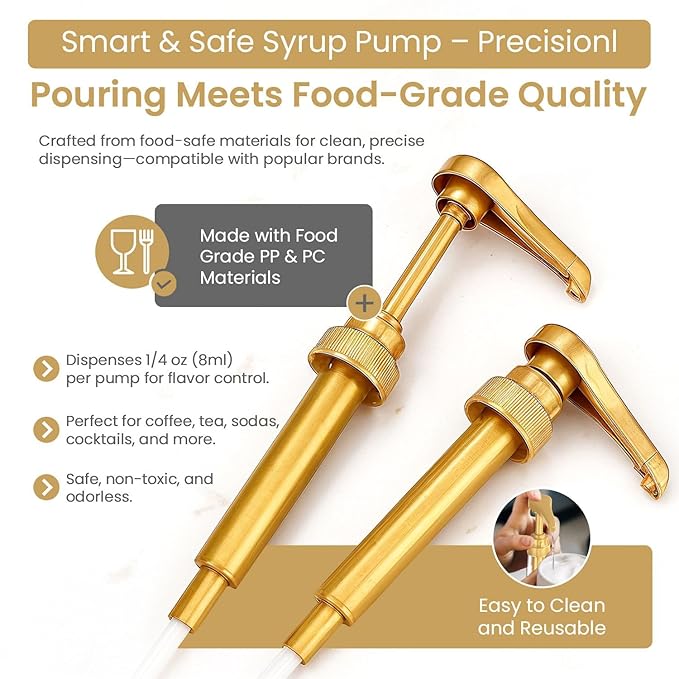 Syrup Pump for Coffee Syrup Bottles – 6-Pack Dispenser Pumps Fits 750ml / 25.4 oz Flavoring Syrup Bottles – Compatible with Torani & More – Gold Coffee Syrup Dispenser Pump for Home & Cafe Use