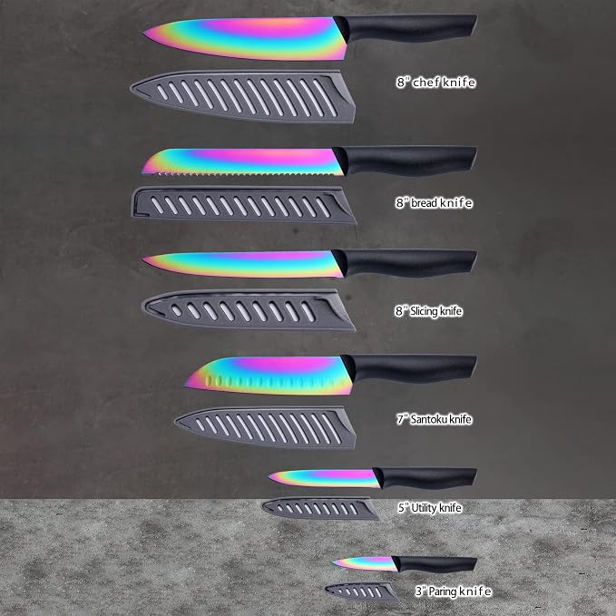 Marco Almond Kitchen Knife Set, KYA36 12-Piece Rainbow Color Stainless Steel Chef Boxed Knives Set for Kitchen with Covers, 6 Knives with 6 Blade Guards, Black | 6 Knives with 6 Black Blade Guards,Rainbow Stainless Steel Knives Set, Anti-Rust,Ergonomic... - Image 2