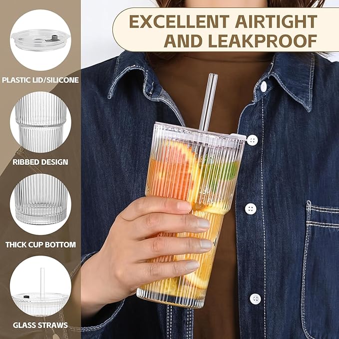 20oz Glass Cups with Lids and Straws,1PCS Ribbed Glass Tumbler with Straw and Lid,Reusable Iced Coffee Cups Drinking Glasses for Juice Whiskey Cocktail