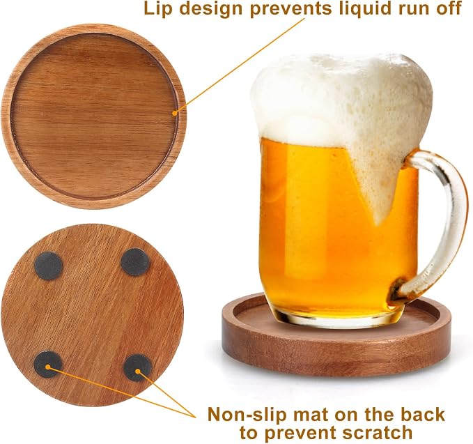 Acacia Wood Coasters Set of 8 Bar Accessories Table Decor Wooden Coaster | Rustic Vintage Drink Coaster with Holder Kitchen Decoration Cool Home Outdoor Cup Coster porta vasos Table Centerpieces - Image 3