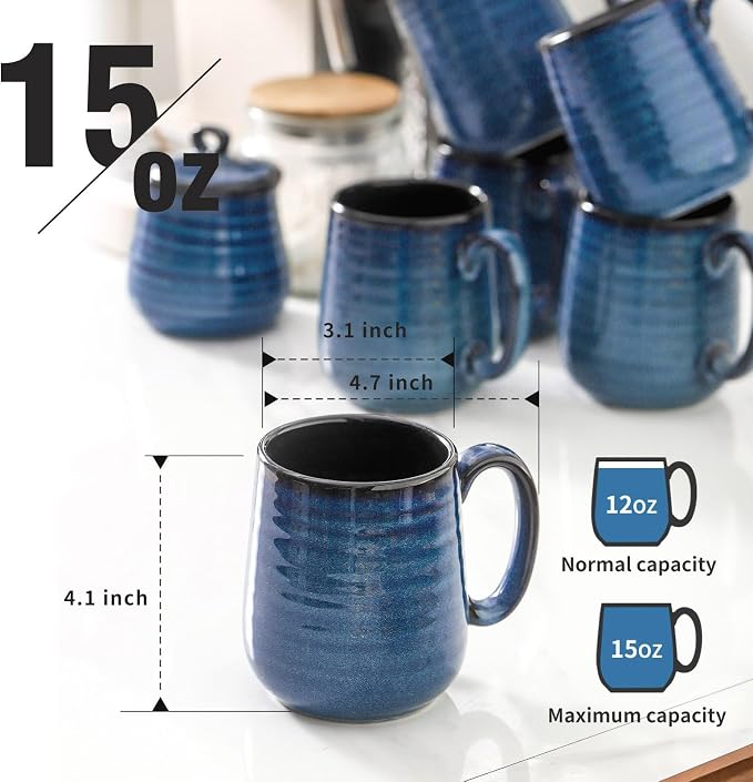 HASENSE Coffee Mugs, 12 Ounce Ceramic Coffee Mug Set of 6, Reactive Glaze Tea Cups with Handle for Milk, Hot Cocos, Latte, Stylish Blue Cup Gift for Man and Women, Dishwasher and Microwave Safe - Image 3