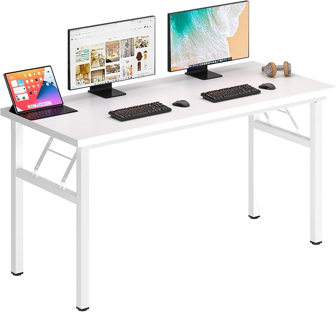 DlandHome 62 Inch Large Folding Computer Desk, Fully Assembled, White | Foldable Writing Table for Bedroom Dorm, Conference Table for Home Office, Wood Top Metal Frame, Collapsible Easy Storage by DlandHome