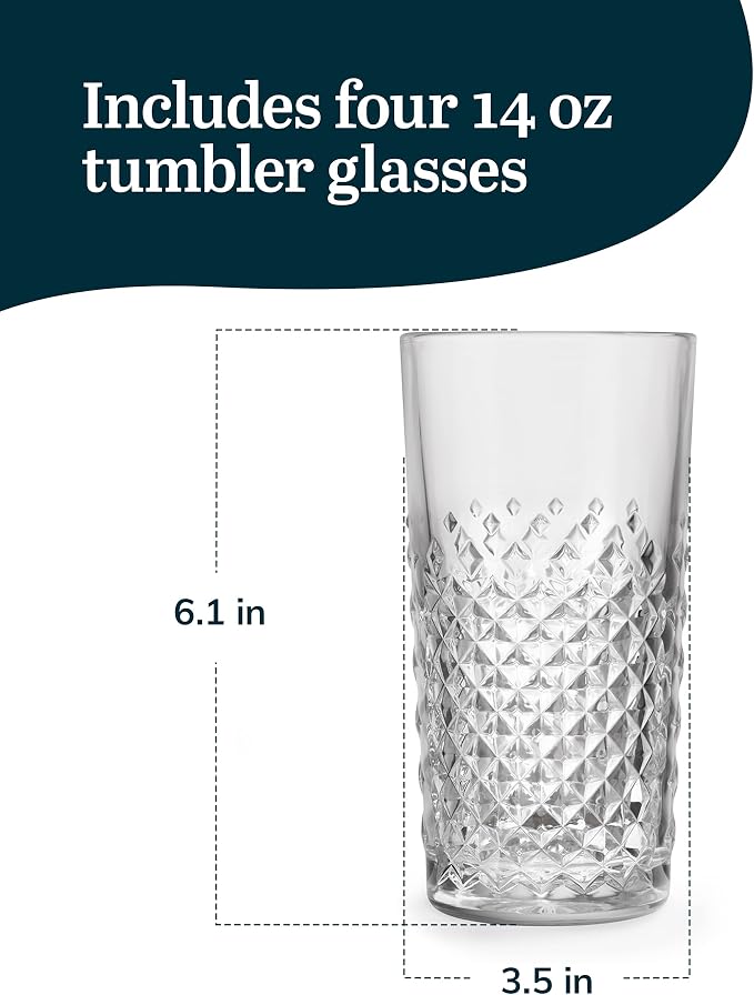 Libbey Carat Tumbler Glasses Set of 4, Faceted 14 oz Drinkware Glasses Set, Dishwasher Safe Tall Drinking Glasses for Cocktails, Soda, and More - Image 3