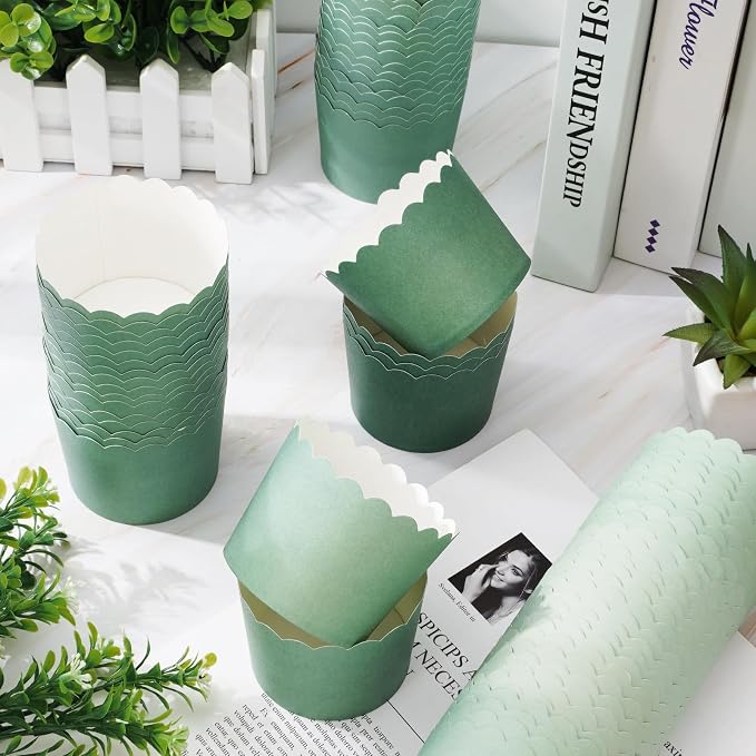 Whaline 120Pcs Sage Green Paper Baking Cups Scalloped Edge Cupcake Wrappers Gradient Green Cupcake Muffin Cases for Wedding Birthday Baby Shower, 3 Colors - Image 3