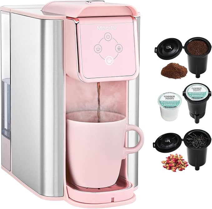 Mecity Pink Coffee Maker 3-in-1 Single Serve Coffee Machine, For Flat Bottom Coffee Capsule, Ground Coffee, 6 to 10 Ounce Cup, Removable 50 Oz Water Reservoir, 120V 1150W by Mecity