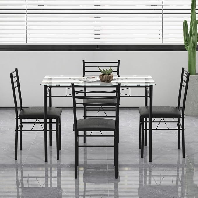 Giantex 5 Piece Dining Table Set, Kitchen Dining Set with Tempered Glass Table Top and 4 Upholstered Chairs, Dinette Set for 4 for Breakfast Nook Dining Room Kitchen (Black) - Image 8