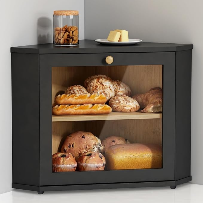 Goozii Corner Bread Box for Kitchen Countertop, Black Bread Storage Container for Homemade Bread, Two Layer Breadbox under Cabinet Mount, Large Bread Holder for Kitchen Counter, Pantry Shelf by Goozii