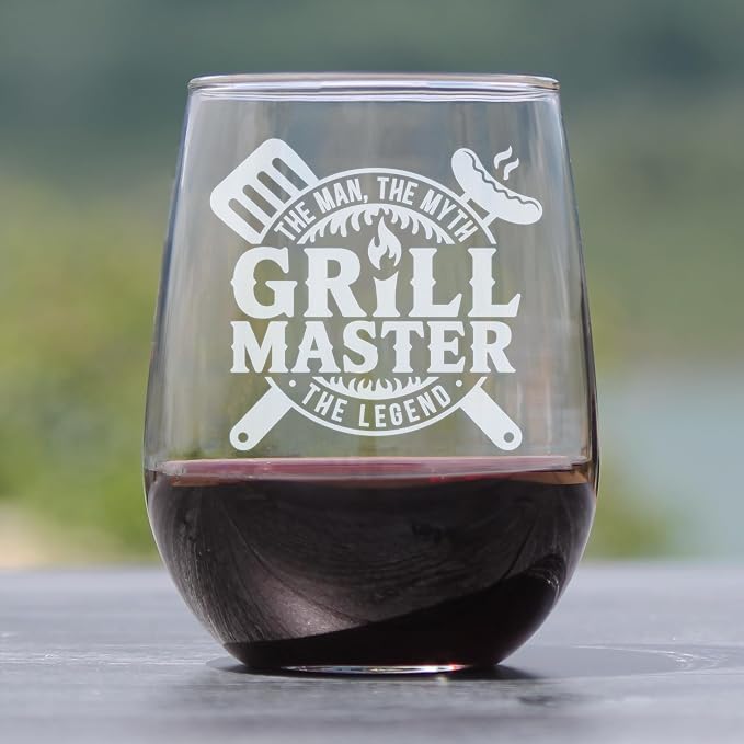 Grill Master Stemless Wine Glass, 'Man Myth Legend' Etched Glassware for Dad, Father's Day, BBQ Enthusiast, Husband Birthday 17oz - Image 2