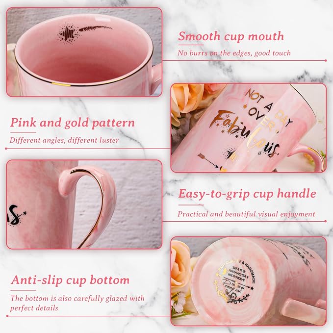 Funny Birthday Gifts for Women - 14Oz Not a Day Over Fabulous Coffee Mug Printed with Gold, Happy Birthday Gift Ideas for Her Bday, Mom, Sister, Best Friends Female, Christmas Ceramic Cup Gift, Pink - Image 3