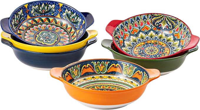 Henten Home Ceramic Pasta Bowls with Handle, Boho Salad Bowl Set of 6 | 25 oz for Cereal, Soup, Serving, Large Colorful Shallow Design, Microwave & Dishwasher Safe by HentenHome