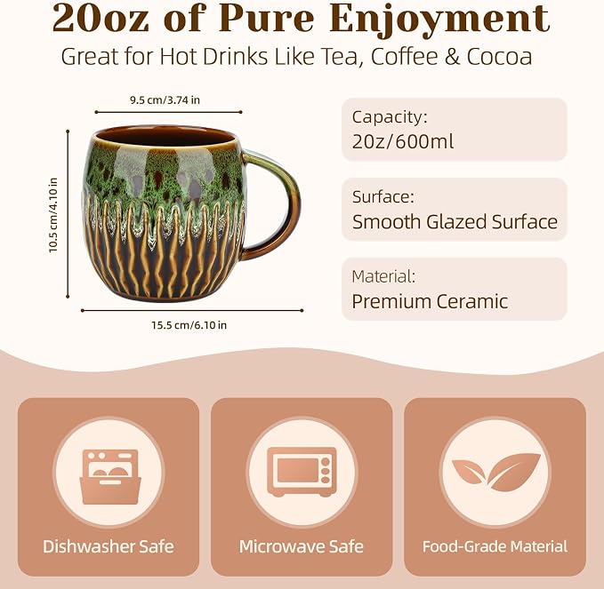 20oz Large Ceramic Coffee Mugs Unique Big Pottery Coffee Mug Microwave Safe Cool Stoneware Cups for Tea Latte Oversized Mug With Handle for Home Green Wide Clay Mugs for Men Fancy Handmade Ceramic Cup - Image 7