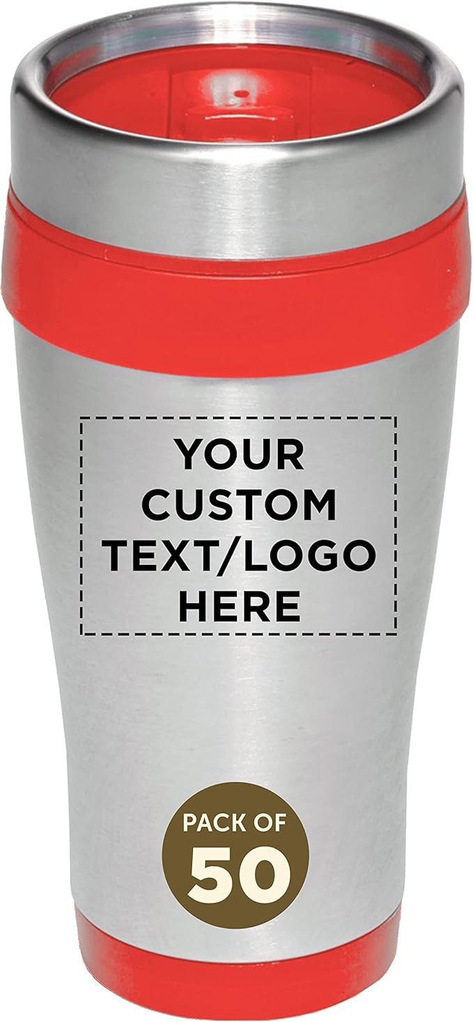 Custom Insulated Stainless Steel Travel Mugs 16 oz. Set of 50, Personalized Bulk Pack - Perfect for Coffee, Soda, Other Hot & Cold Beverages - Red