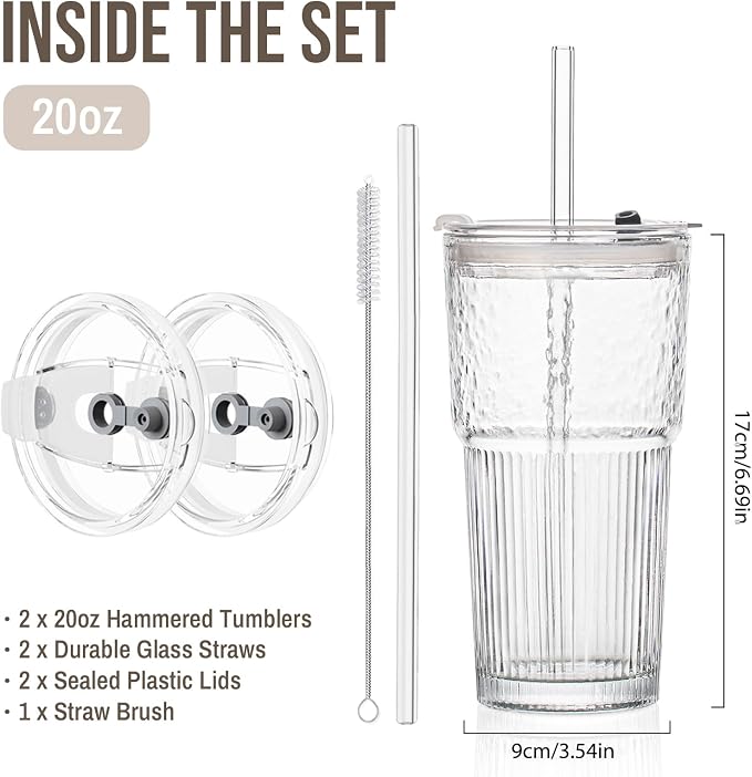 SoulTimes 20oz Wave Ribbed Glass Tumbler with Lid and Straw – Iced Coffee Glasses Cups for Smoothie, Matcha, Juice, Water etc. Leakproof and Reusable Glassware Drinking for Daily & Travel To Go [2Pcs] - Image 3