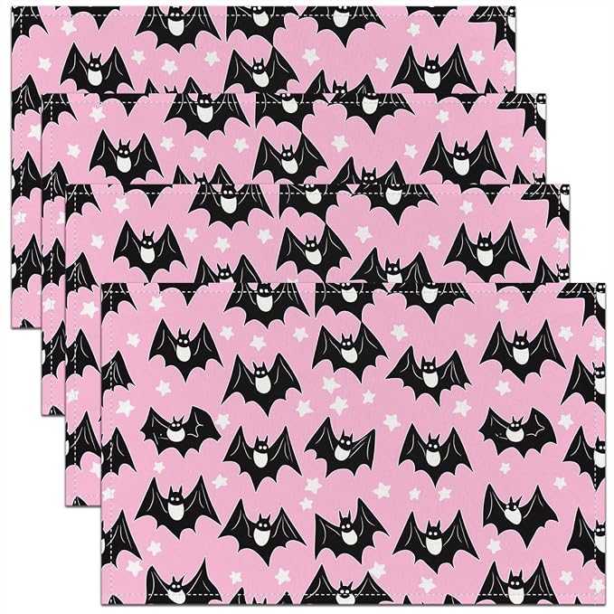 Feelyou Happy Halloween Placemats Set of 4 Cat Bats Table Mats for Party Kitchen Dining Decoration Holiday Seasonal Pink Black Place Mat for Dinner Table Indoor Outdoor 18"x12" Non-Slip Easy to Clean by Feelyou