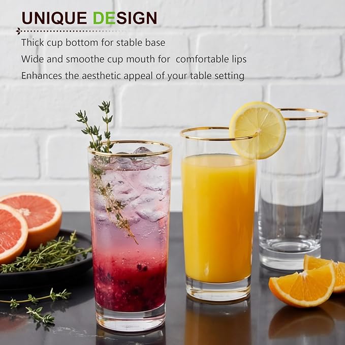 Highball Glasses, Gold Rim Crystal Glassware, 16 oz, Set of 6 | Elegant European Tall Highball Glasses for Water, Juice, Mojitos and Cocktails, Perfect for Everyday Use - Image 4