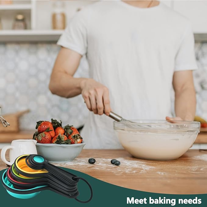 8-Piece Foldable Measuring Spoons/Cups, Space-Saving Collapsible Kitchen Essentials with ml/Cup/TSP Markings, BPA-Free Silicone for Baking, Cooking UK