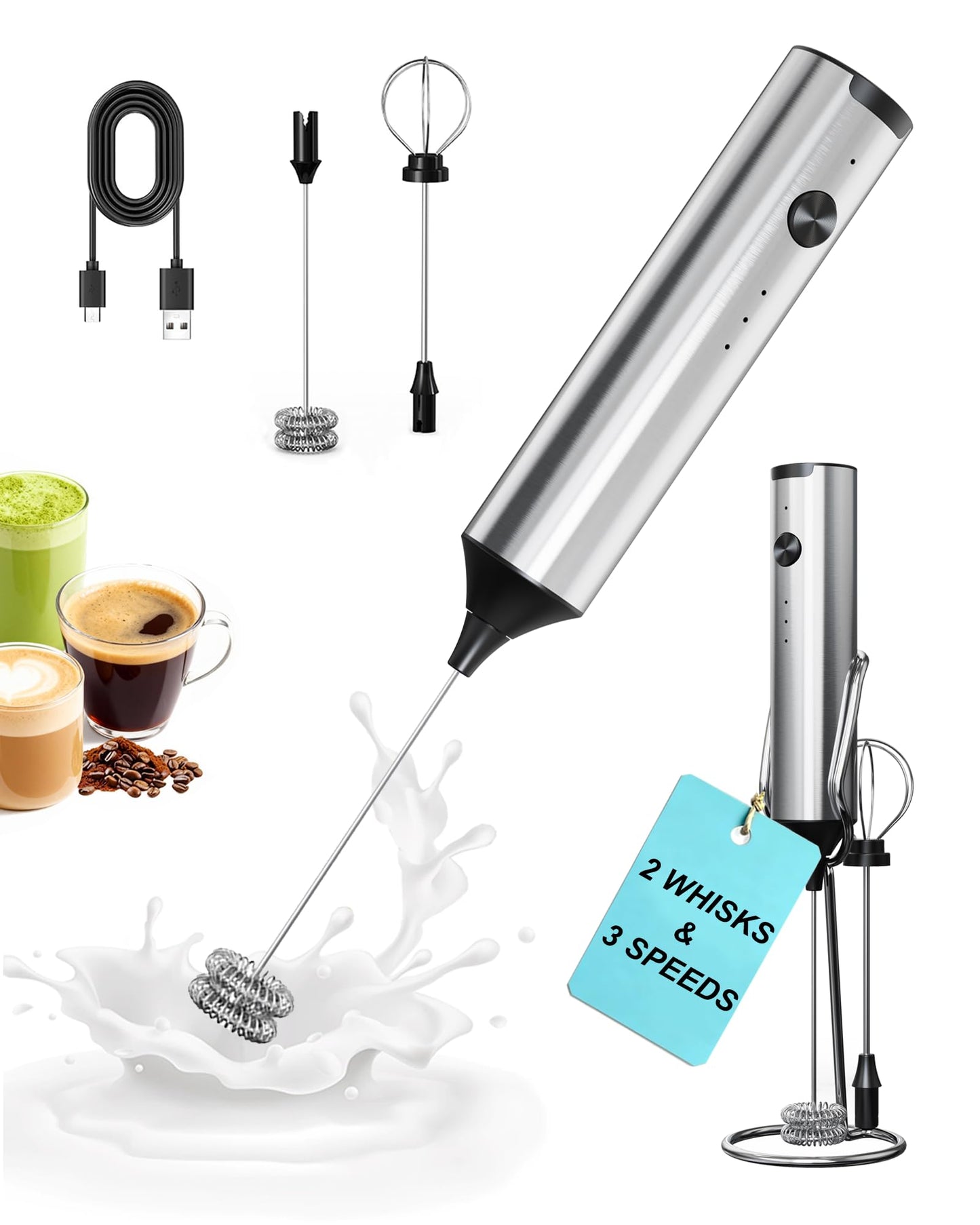 Rechargeable 3-Speed Milk Frother Wand (Black)