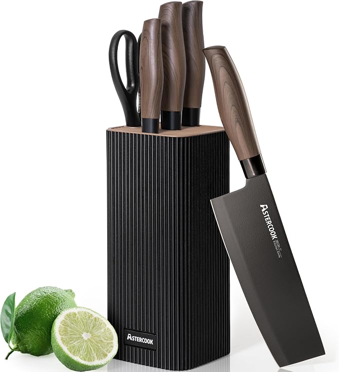 Astercook Knife Set, 6-Piece Kitchen Knife Set with Block, High Carbon Stainless Steel Ultra Sharp Kitchen Knives, Wood Grain Handle, Dishwasher Safe Knife Block Set, Black, Kitchen Utility Knives by Astercook