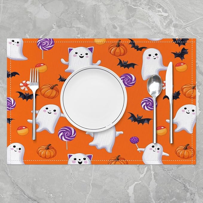 Feelyou Happy Halloween Placemats Set of 4 Cute Ghost Pumpkin Table Mats for Party Kitchen Dining Decoration Holiday Seasonal Orange White Purple Place Mat for Dinner Table Indoor Outdoor 18"x12" Bats - Image 2