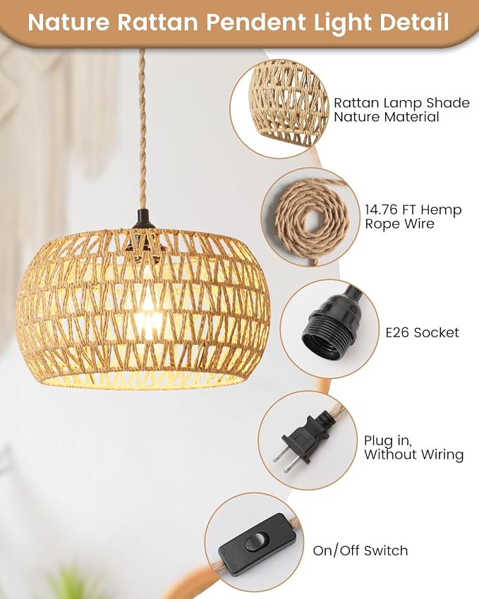 Rattan Boho Hanging Light,12.6'' Natural Hand Woven Fabric Drum Light,Plug Into Wall Outlet Pendant Light Fixture On/Off Switch for Dining,Living Room,Bedroom,Kitchen,Hallway Entryway, Without Bulb - Image 3