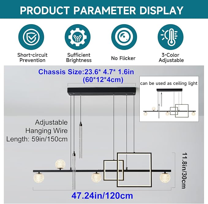 ORANOOR Modern LED Pendant Lights, 47inch Dimmable Linear LED Chandelier | Square Black & Gold Dining Room Hanging Light Fixtures Kitchen Island Globe Pendant Lighting for Dining Table (4200lm) - Image 4