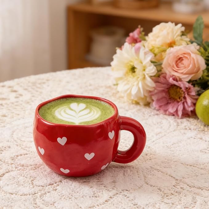4pcs Ceramic Hearts Mugs Set, 9.4OZ Cute Love Coffee Cup Set, Red and White Color, Dishwasher Safe Espresso Cups, Gift for Women (Heart) - Image 2