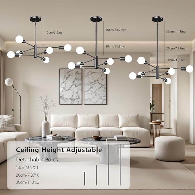 6-Light Modern Sputnik Chandelier, E26 Base Branch Height Adjustable,Mid Century Chandelier Pendant Light for Dining Room Hallway Bedroom Foyer Living Room Kitchen (Bulbs Not Included) - Image 2