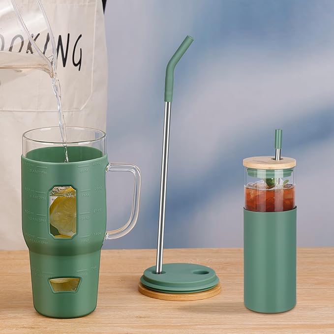 Glass Cups with Lids and Straws - 40 oz Tumbler with Handle - 16 oz Reusable Water with Bamboo Lid, Stainless Steel Straw, Silicone Sleeve for Coffee, Smoothi, Hot, Cold Drinks (2 Count)