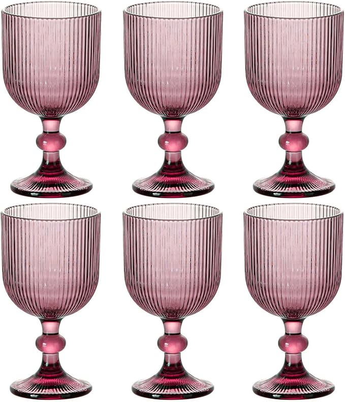 Taganov Purple Glasses Drinking Water Goblets set of 6 Colored Wine Glasses 13oz Pink Vintage Glassware for Wedding Party Bar Vertical Line Embossed Pattern Stemmed Cups 400ml by Taganov
