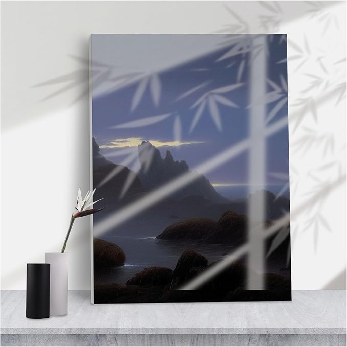 Moody Twilight Coastal Cliffs Canvas Print,Dark Serene Ocean Rock Formations for Calm Living Room or Modern Minimalist Home Decor,12''x18'' Framed Modern Canvas Wall Art by Unknown