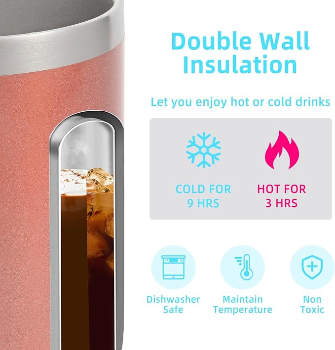 Volhoply 14oz Insulated Stainless Steel Coffee Mug with Lid Bulk 4 Pack,Double Wall Vacuum Travel Coffee Cup with Handle,Reusable Cups Tumbler Cup,Camping Mugs Keep Hot,Ideal Gifts(Rose Gold,4) - Image 3
