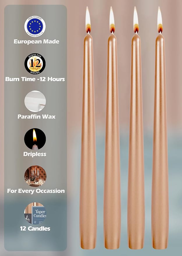 Hyoola 12 Pack Tall Metallic Taper Candles - 14 Inch Copper Metallic, Dripless, Unscented Dinner Candle - Paraffin Wax with Cotton Wicks - Image 3