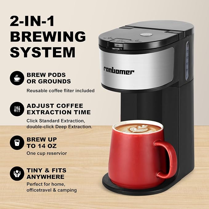 Ranbomer K Cup Coffee Maker, Single Serve coffee machine or Ground Coffee Machine 2 in 1, 6 to 14 Oz Brew Sizes, Mini One Cup Coffee Maker with Self cleaning Function (Black) - Image 5