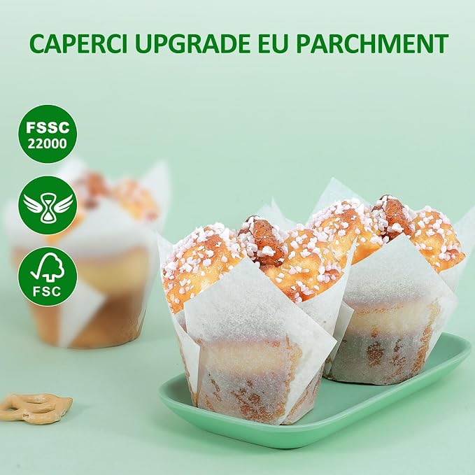 Caperci White Parchment Paper Tulip Cupcake Muffin Liners - European Non-stick Paper Baking Cups Cupacke Wrappers for Party, Wedding, Christmas, Birthday (150pcs) - Image 2