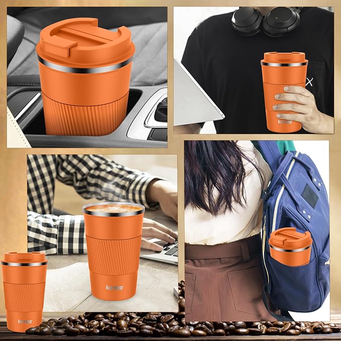 KETIEE 12oz Insulated Travel Mug, Vacuum Stainless Steel Double Walled Reusable Coffee Cup with Leakproof Lid, Travel Tumbler Coffee Mug to Go for Hot and Iced Tea Water (Orange) - Image 5