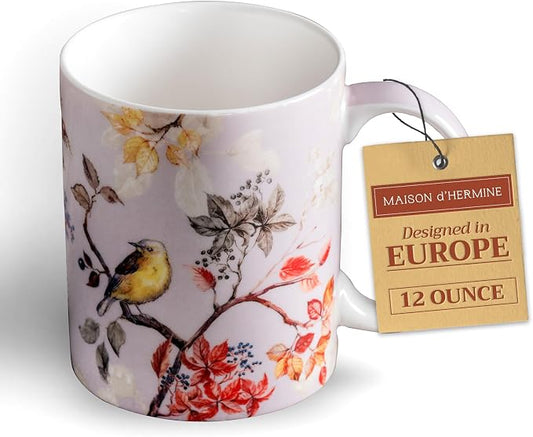 Maison d' Hermine Coffee Mug with Handles Tea Cups (12 Ounce, Pack of 1) | Fine Bone China Coffee Mugs for Hot Beverages Cappuccino Latte Home Restaurant Spring Summer -Equinoxe - Grey - Passerine by MaisondHermine
