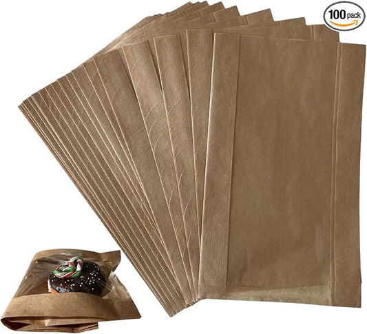 100 Pcs cozymomdeco Korean Made Bakery Bags with Window, Paper Sandwich Bags, Donut To Go, Bakery for Treat, Snack, Cookie Packaging Pastry Bags (Brown) (Large) by cozymomdeco